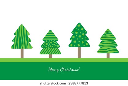 Set of New Year flat Christmas trees with geometric pattern. Merry Christmas inscription! Vector drawing