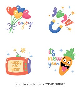 Set of New Year Flat Stickers 

