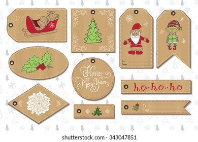 Set of New Year gift tags vector template, Hand drawn Sketch elements with Lettering set. Present cards design of happy new year 2016. Doodles and festive elements,  Vector Illustration.