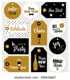 Set of New Year gift tags typographic vector design with illustrations and wishes. Holiday printable badges