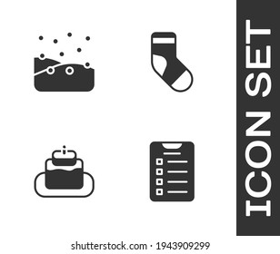 Set New year goals list, Snowfall, Cake and Christmas stocking icon. Vector