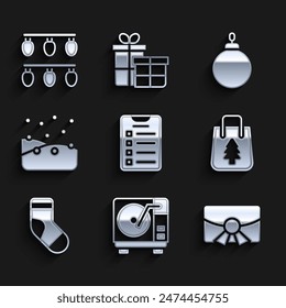 Set New year goals list, Vinyl player with vinyl disk, Christmas postcard, shopping bag, stocking, Snowfall, ball and lights icon. Vector