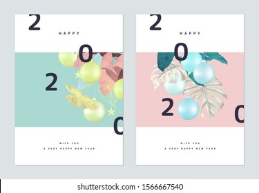 Set of new year greeting card template design, colorful foliage and Christmas ornaments in blue and pink tones