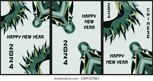 Set New Year greeting card with Geometric Dragon in trendy asian style. Pack celebration banner with symbol Chinese luna New Year in pastel color. Vector illustration can used web posters, card cover.