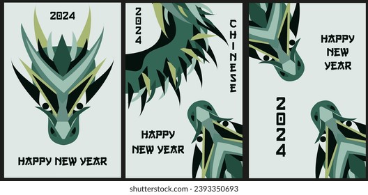 Set New Year greeting card with Geometric Dragon in trendy asian style. Pack celebration banner with symbol Chinese luna New Year in pastel color. Vector illustration can used web posters, card cover.