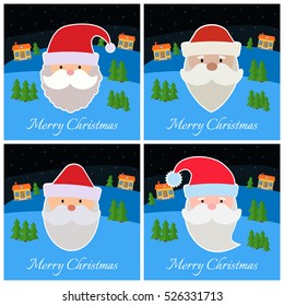 Set of New Year greeting card with Santa Claus on dark blue background with snowflakes.
