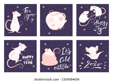 Set of new year greeting cards with pink rats and lettering on a purple background