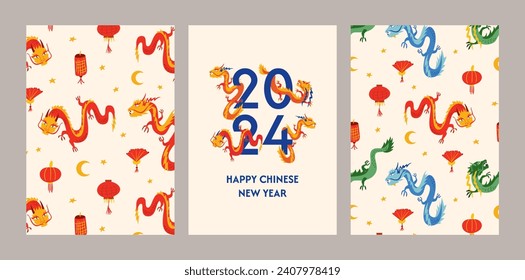 Set of new year greeting cards with asian dragons and lanterns. Chinese new year of the dragon. Vector illustration