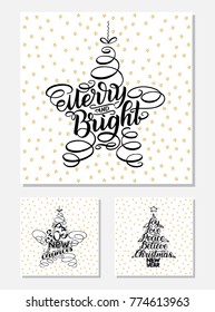 Set New Year Greeting Cards, lettering design. Vector illustration, black letters isolated on white background with golden stars. 365 new chances, merry and bright, New Year and Christmas Wish tree