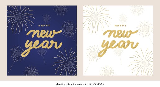 Conjunto de saludos de año nuevo con fuegos artificiales dorados y tipografía. Ilustración vectorial saludos de año nuevo en fondo azul y blanco para la Plantilla de redes sociales y el Anuncio.