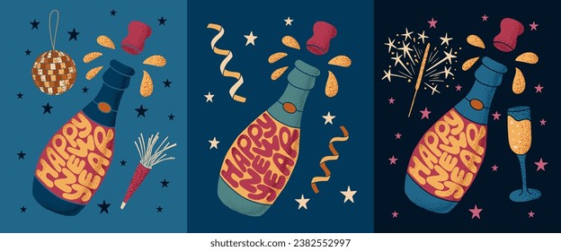 Set of New year hand drawn typographic cards. Flat hand drawn slogan Happy New Year in a shape of champagne bottle. Trendy composition in retro style for posters, cards, shirt print social media