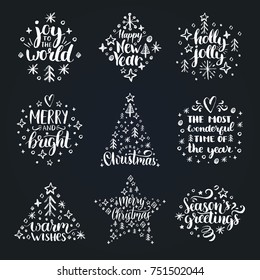 Set of New Year hand lettering on black background. Vector Christmas chalk drawing illustrations. Happy Holidays greeting card, poster template.