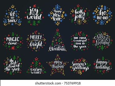 Set of New Year hand lettering on black background. Vector Christmas chalk drawing illustrations. Happy Holidays greeting cards, poster templates.