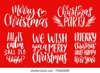 Set of New Year hand lettering on red background. Vector Christmas calligraphic illustrations. Happy Holidays greeting card concepts, poster templates.