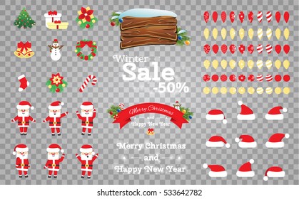 Set of New Year icons. Christmas set of vector icons with snowman, bells, christmas tree, santa, red hats, toys on transparent background. Vector illustration. 