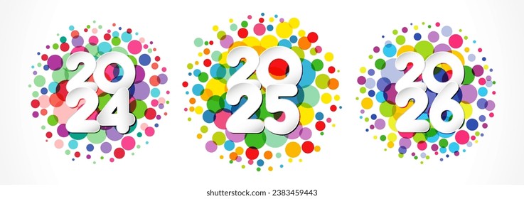 Set of new year icons with coloful texture. 2024, 2025, 2026 Happy New Year creative congrats. Colored background with transparent effects. Yellow, blue, green and purple concepts. Abstract backdrop.