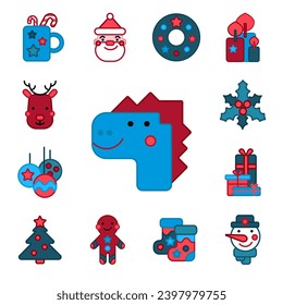 Set of New Year icons with dragon. Christmas theme, Chinese symbol 2024. Flat style, logo. Vector geometric illustration. Modern design for websites, applications, advertisements, postcard, invitation