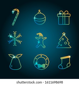 Set of New Year icons. Vector icons. New year icons with yellow green gradient. Vector glitter icons.