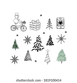 Set of new year icons.Christmas tree, snowman, snowflake gift