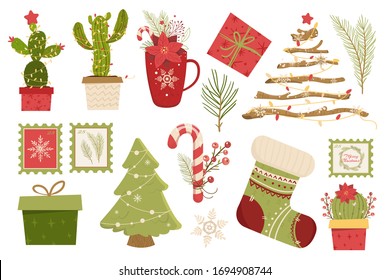 Set new year illustration. Alternative christmas tree. Cactus and branches.