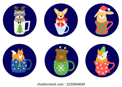 set of new year illustrations festive animals in new year mugs