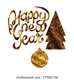 set of the New Year. The inscription of a happy new year, the icon of a Christmas tree, the icon of a Christmas ball with golden sparkles