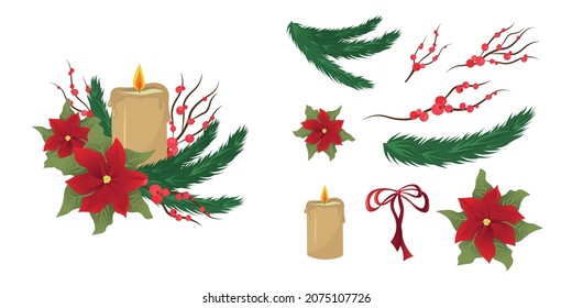 Set of new year items. Christmas candle with fir branches. Collect your holiday.