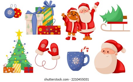 Set of New Year items. Santa, Christmas tree, mittens, gifts. Symbol of the new year 2023. New Year and Christmas stickers isolated on white background. Winter holidays.