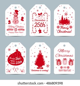 Set of New Year labels. Christmas labels with silhouettes snowman, candles, snowflakes, Christmas trees and gifts. Vector illustration.