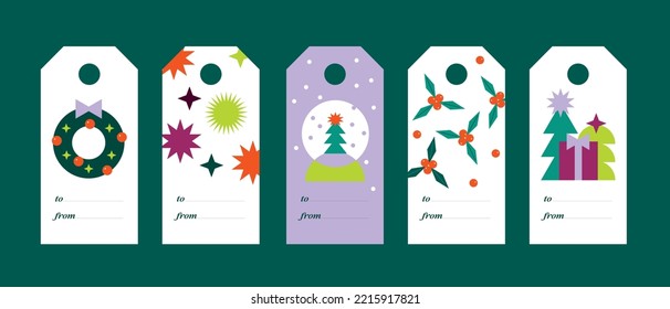 Set of New Year labels for decorating gifts. Collection of Christmas cards with gifts, a green tree, snowflakes, balloons, a wreath, stars in the style of abstract cut out shapes. Vector illustration.