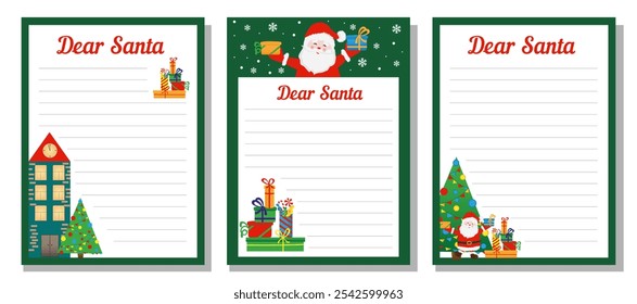 Set New Year letter to Santa Claus, wish list. Holiday new year decoration template. Page for New Year's wish list.