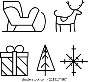 Conjunto de logotipos de Año Nuevo. Tarta, ciervo, caja de regalo, árbol y copo de nieve