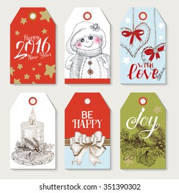 Set of New Year and Merry Christmas hand drawn Fun vintage elements. Tags, ribbons, wreaths. Modern lettering and typography. Hearts, snowman, candle, stars, fir-tree, bow. Gift decoration.