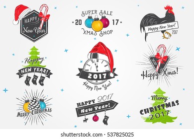 Set of New Year and Merry Christmas. Christmas shopping. Year of the rooster. Detailed elements. Old retro vintage grunge. Typographic labels, stickers, logos and badges. Flat vector illustration