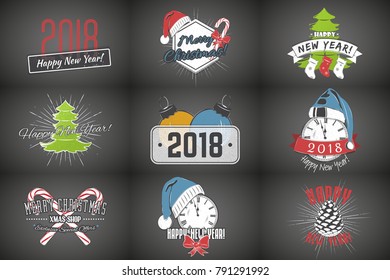 Set of New Year and Merry Christmas. Christmas shopping. Year of the dog. Detailed elements. Old retro vintage grunge. Typographic labels, stickers, logos and badges. Flat vector illustration