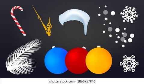 Conjunto de objetos de Año Nuevo. Bolas de Navidad, manos de reloj doradas, gorra de nieve, bastón de caramelo, copos de nieve, rama de abeto. Feliz Navidad y feliz Año Nuevo relacionado 3d ilustración vectorial realista.