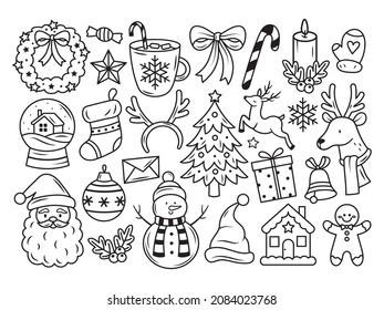 Set of New year objects. Collection of christmas icons of wreath, north pole, snowman, gift, christmas tree, etc.Winter symbols. Vector illustration for children.