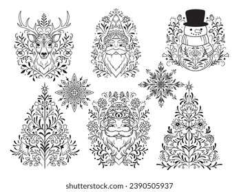 Set of New year objects. Collection of christmas icons with ornaments snowflake, santahead, snowman, gift, christmas tree, etc. Winter symbols. Vector illustration for children.