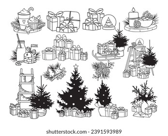 Set of New year objects. Collection of christmas icons of wreath, north pole, snowman, gift, christmas tree, etc.Winter symbols. Vector illustration for children.