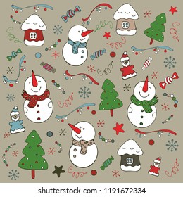 
A set of New Year objects on a sand background. Snowmen, houses, snowflakes, Christmas trees