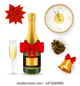 Set of New Year objects in red and golden colors. Collection for Christmas party. Can be used for topics like celebration, event, national holiday