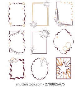 Set of New Year Party Elegant Frames, hand-drawn borders with Fireworks, Confetti, Balloon, Glass, and Star Ornament.