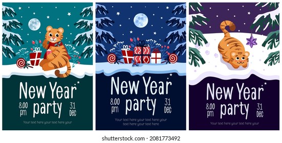 Set New Year party flyer. Bright vector illustration in cartoon style, green blue violet. Tiger, symbol of Chinese New Year 2022, Lollipop, gifts, winter, holly. For advertising banner, poster, flyer