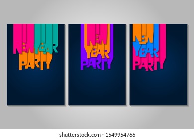 Set of New Year party posters with letters cut out of colored paper. Winter holidays greeting or invitation. Vector illustration on blue background.