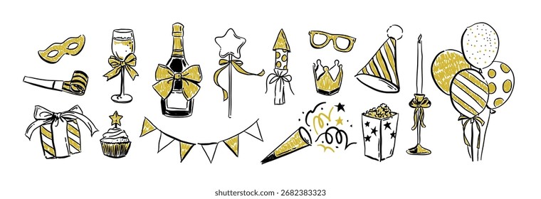 Set of New year party in sketch style, Doodle New Year hand drawn elements, vintage new year drawings, sketches for party, new year celebration ,posters, invitation cards, decor vector illustration.