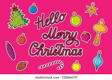 Set New Year patches elements: Merry Christmas, Christmas decorations, balls, fir-tree, star, lollipop, cone. Vector illustration isolated on white background. Stickers kit.
