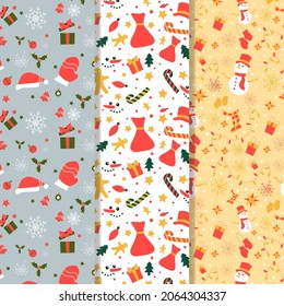 Set of new year pattern with new year elements such as snowmen and santa claus hats