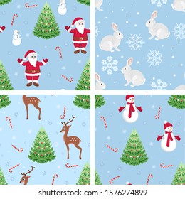 Set of New Year patterns. Christmas tree, Santa Claus, reindeer, snowman, bunny, candy cane and snowflakes on  blue background. Collection of vector holiday illustrations in cartoon simple flat style.