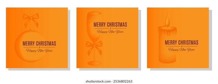 Set of New year postcards with Christmas champagne or wine glass, ball, candle and bow in orange colors. Holiday new year  decoration template.