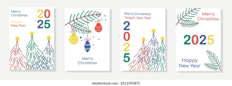 Set of New Year posters 2025. Vector illustration of Christmas trees, fir branches decorated with Christmas tree toys, hand drawn. Great idea for postcards, posters, banners, web design